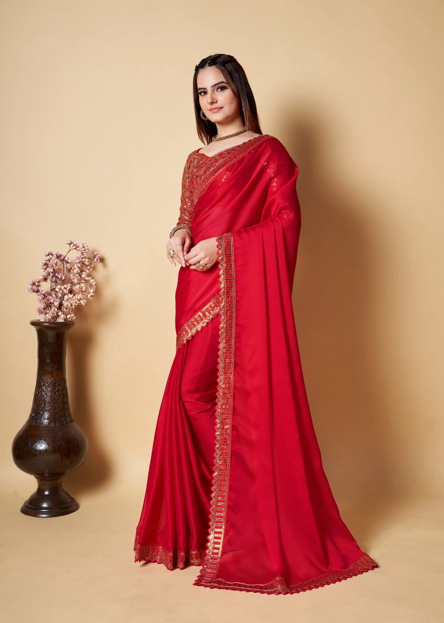 Rangoli Work Lace Border Saree with Designer Blouse: Elegant and Unique-Red-3