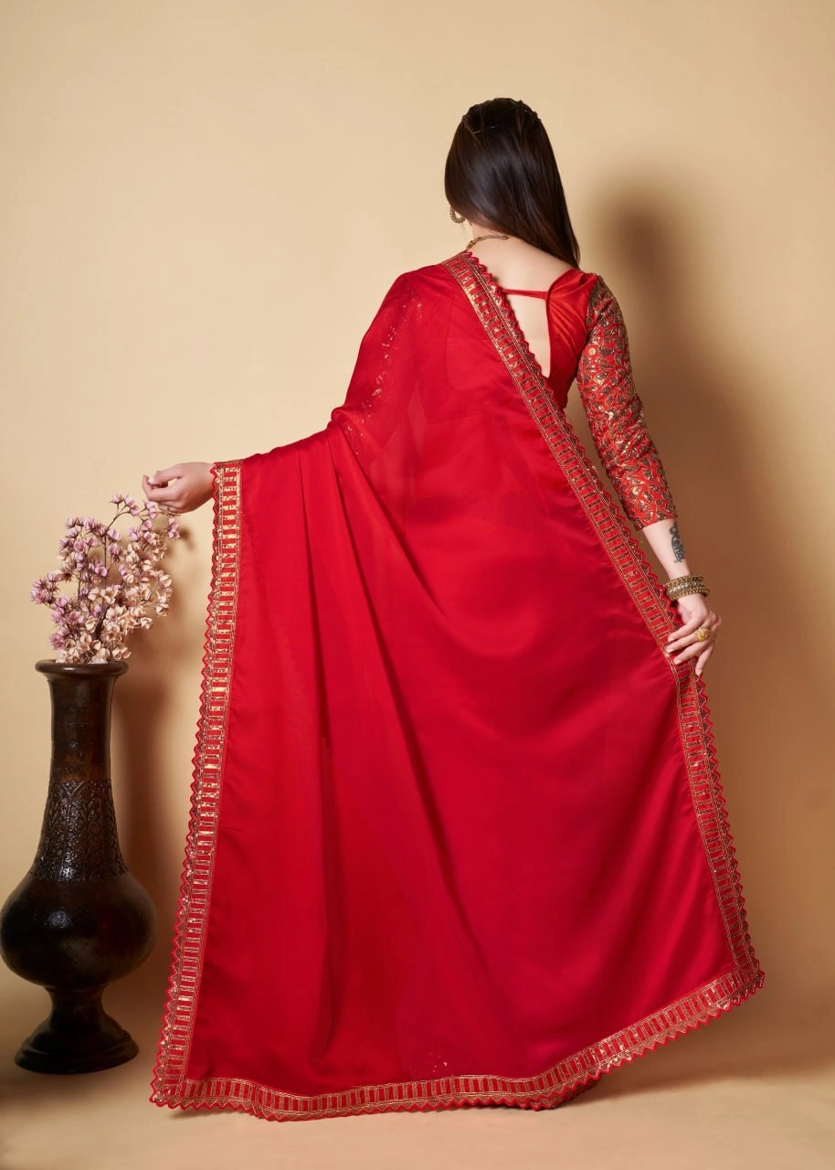 Rangoli Work Lace Border Saree with Designer Blouse: Elegant and Unique-Red-5