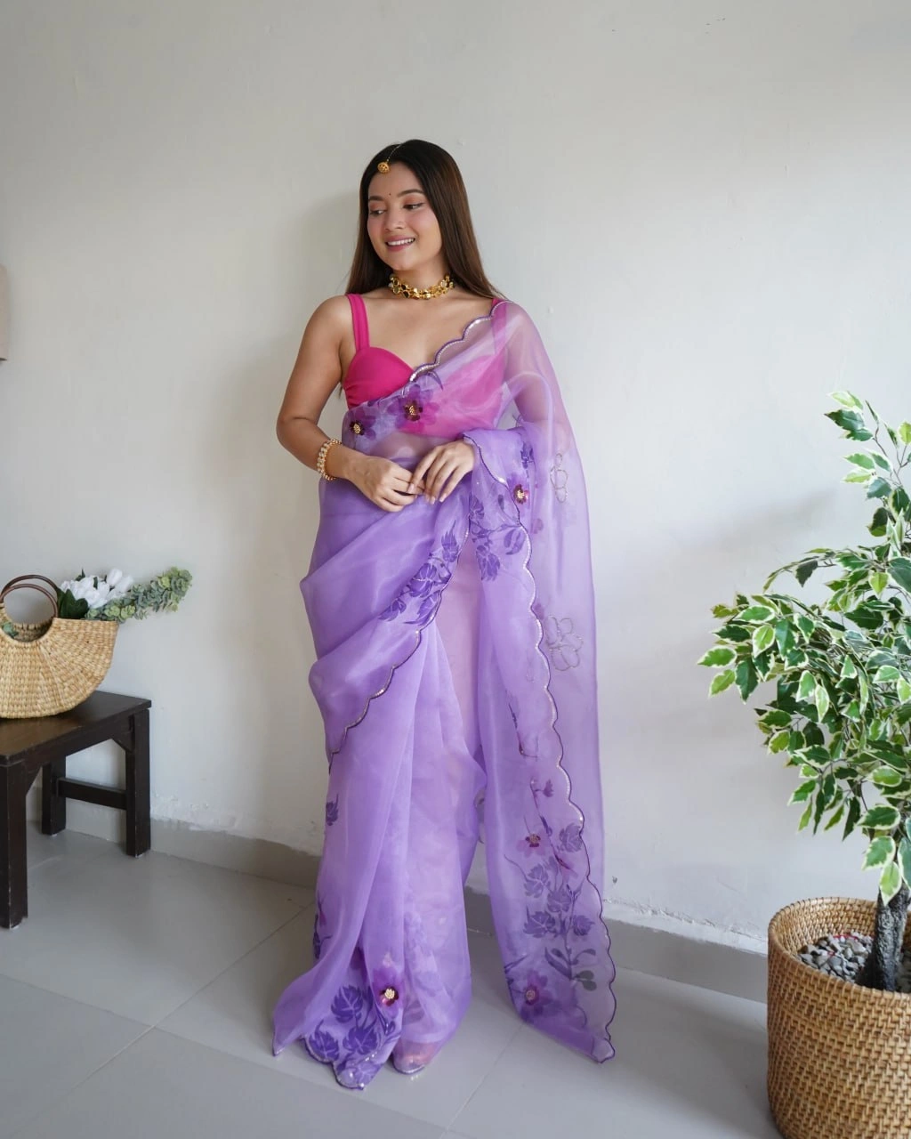 Organza Magic: Exquisite Aari, Cut &amp; Handwork, Digital Print Fabric-RVSGMUDRA-Purple