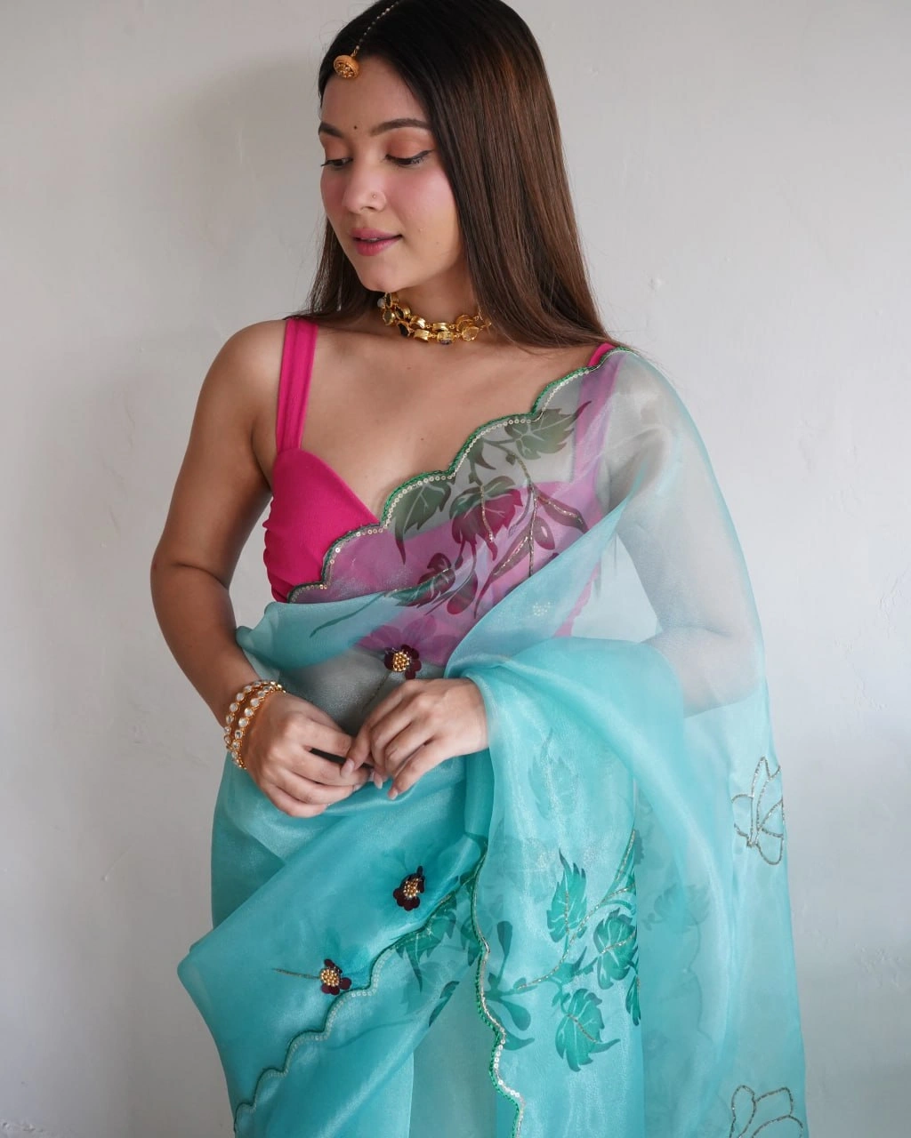 Organza Magic: Exquisite Aari, Cut &amp; Handwork, Digital Print Fabric-Rama-5