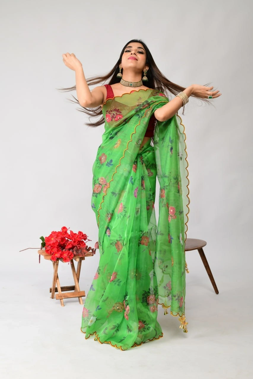 Stunning Handcrafted Organza Saree with Digital Print and Khatli Work-RVSGNakshtraLatkan-Green