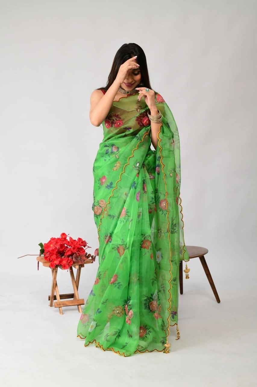 Stunning Handcrafted Organza Saree with Digital Print and Khatli Work-Green-2