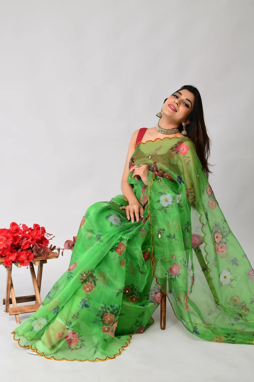 Stunning Handcrafted Organza Saree with Digital Print and Khatli Work-Green-3