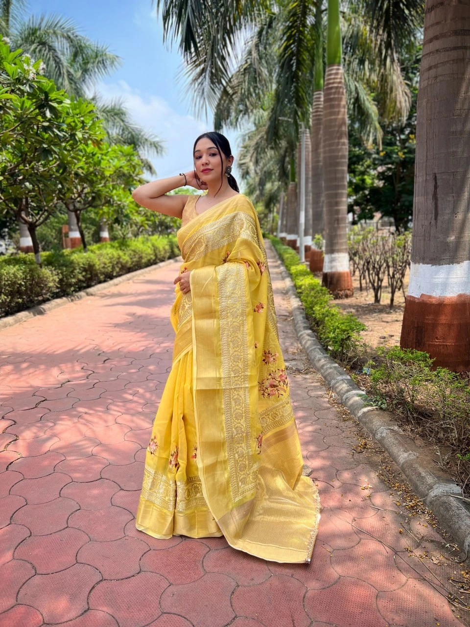 Cotton Embroidered Border Jacquard Fabric - Exquisite and Elegant-RVSGNAVYA-Yellow