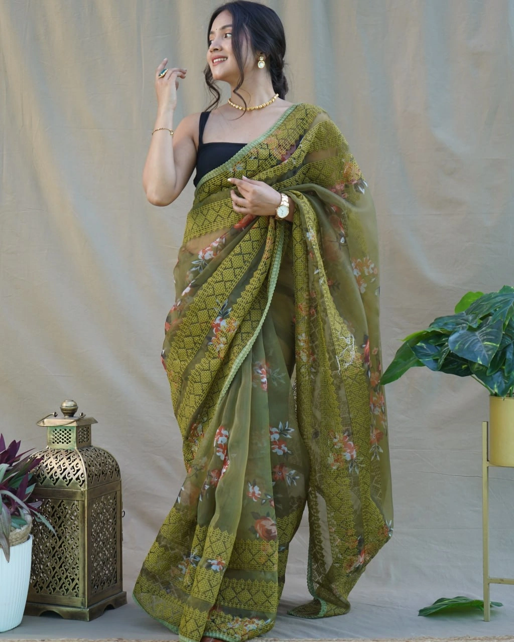 Floral Chikankari Organza Saree with Satin Blouse-RVSGNITYA-Mehendi