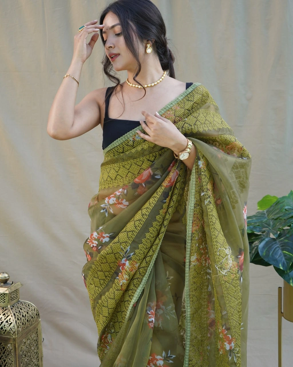 Floral Chikankari Organza Saree with Satin Blouse-Mehendi-2