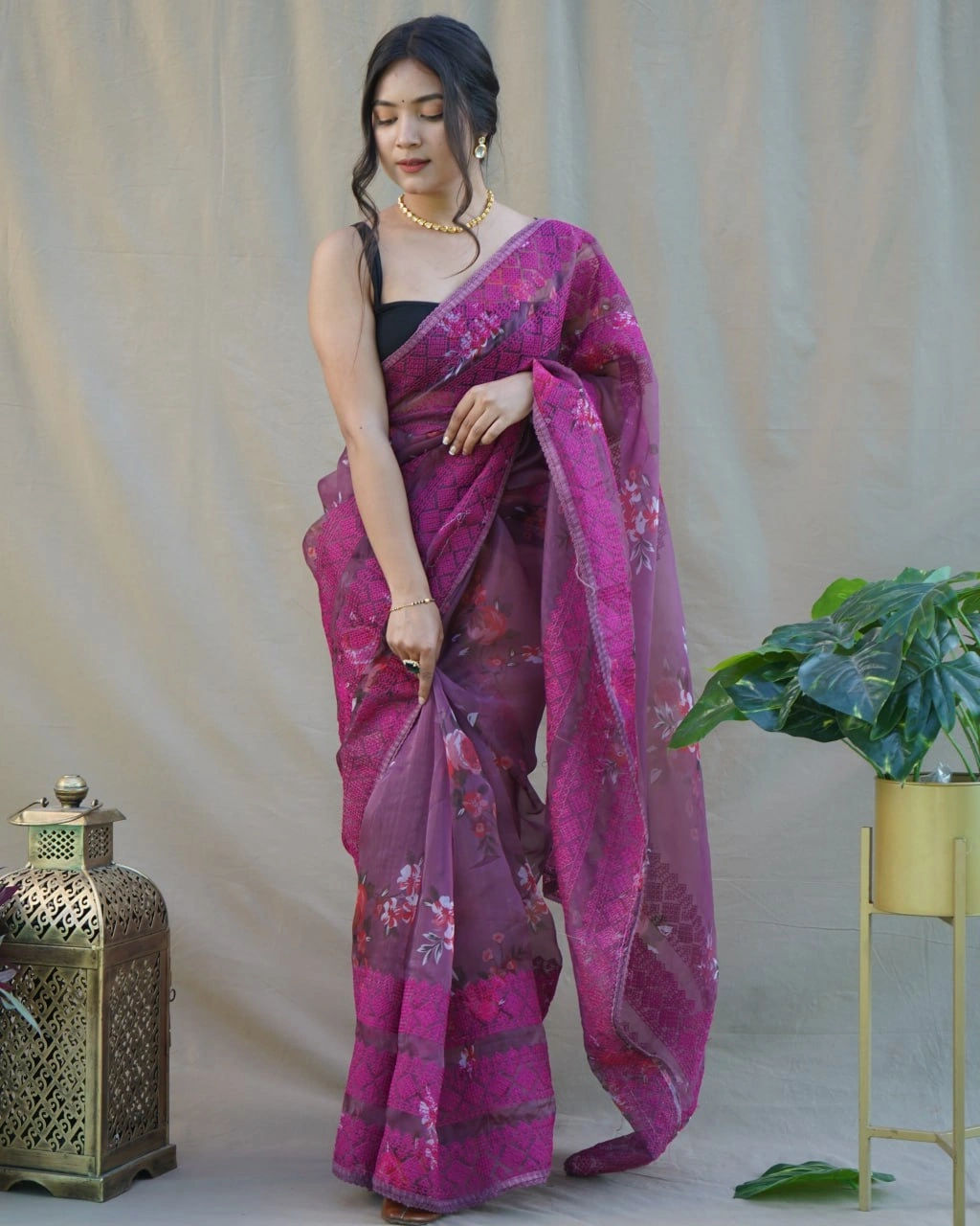 Floral Chikankari Organza Saree with Satin Blouse-Rama-2