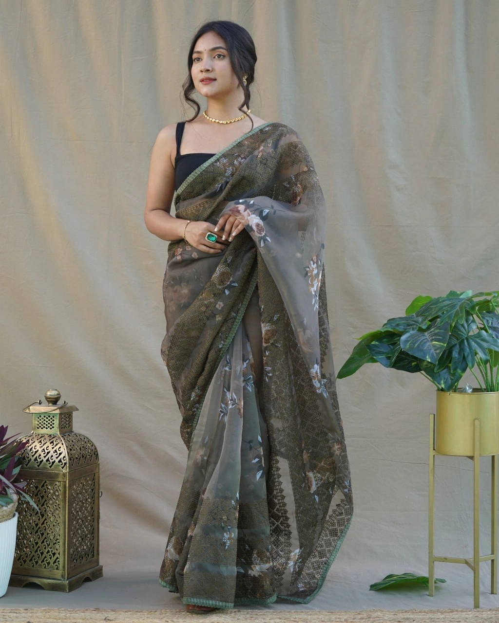 Floral Chikankari Organza Saree with Satin Blouse-RVSGNITYA-Brown