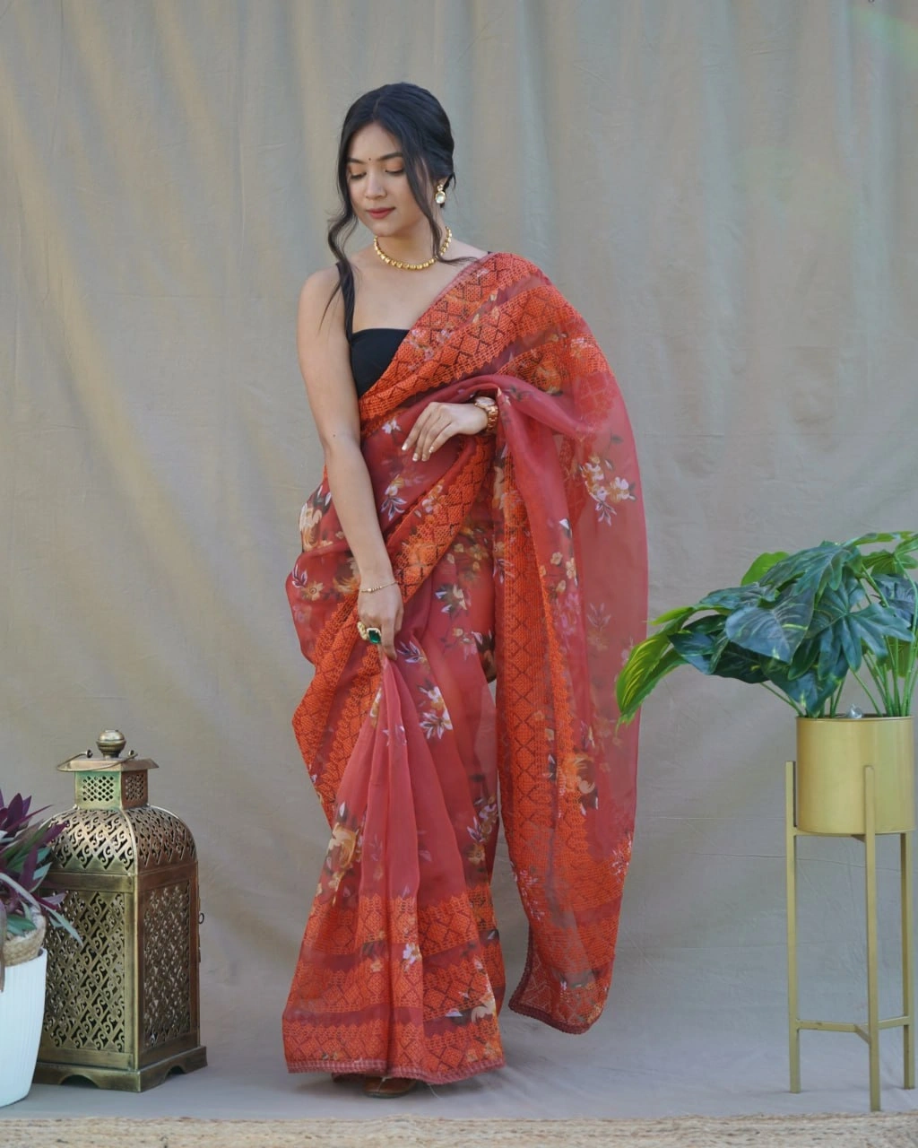 Floral Chikankari Organza Saree with Satin Blouse-RVSGNITYA-Red