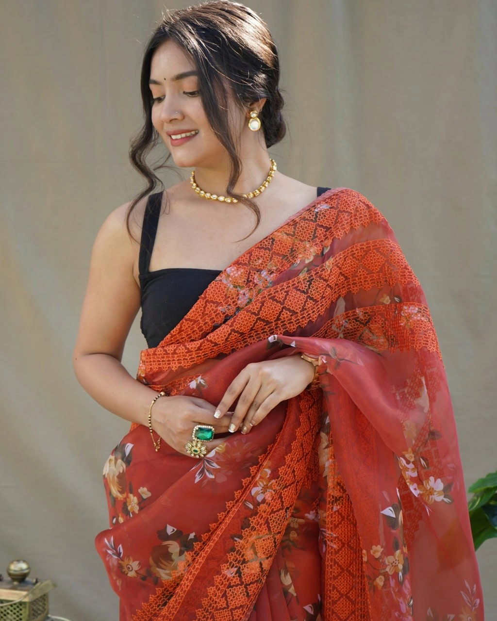 Floral Chikankari Organza Saree with Satin Blouse-Red-2