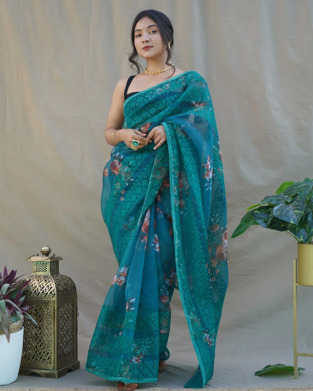 Floral Chikankari Organza Saree with Satin Blouse-Rama-1