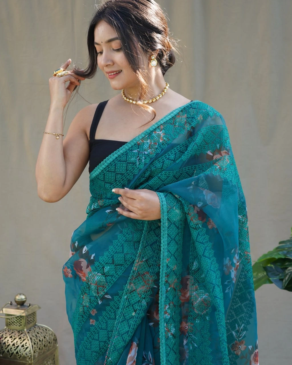 Floral Chikankari Organza Saree with Satin Blouse-Rama-2