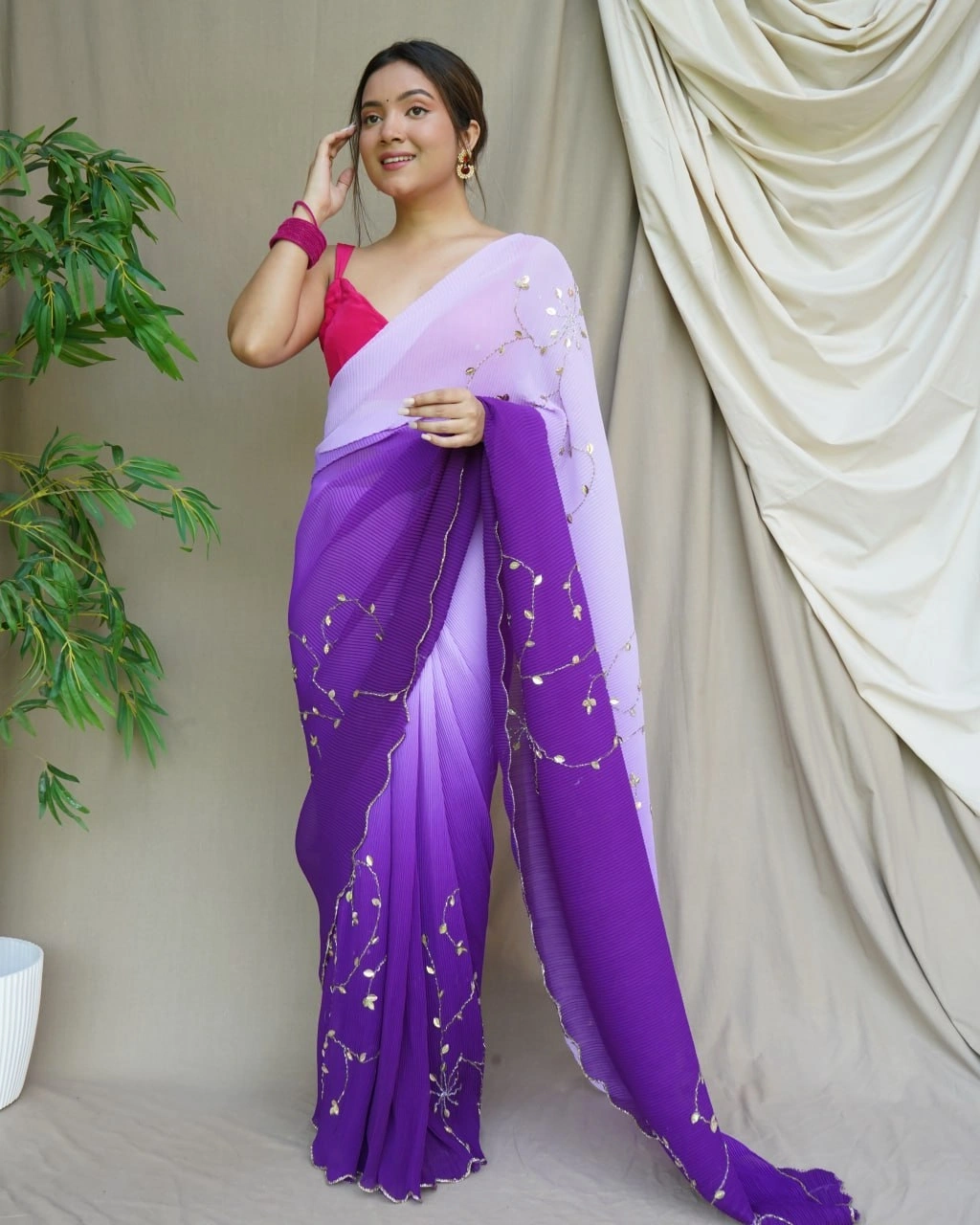 Georgette Crushed Handwork with Padding: Elegant and Luxurious-Purple-2