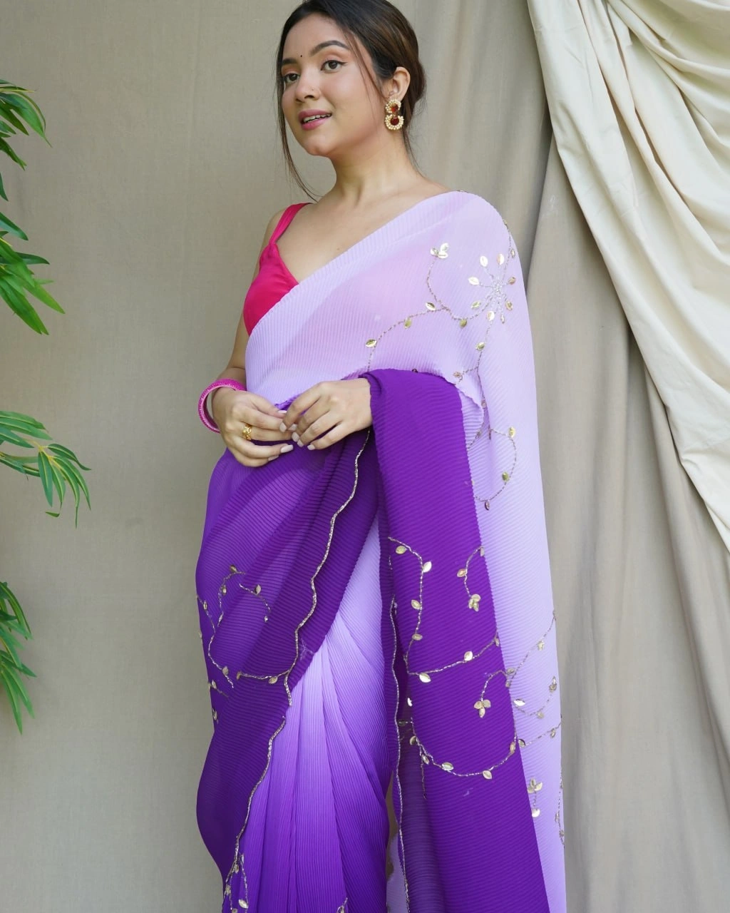 Georgette Crushed Handwork with Padding: Elegant and Luxurious-Purple-3