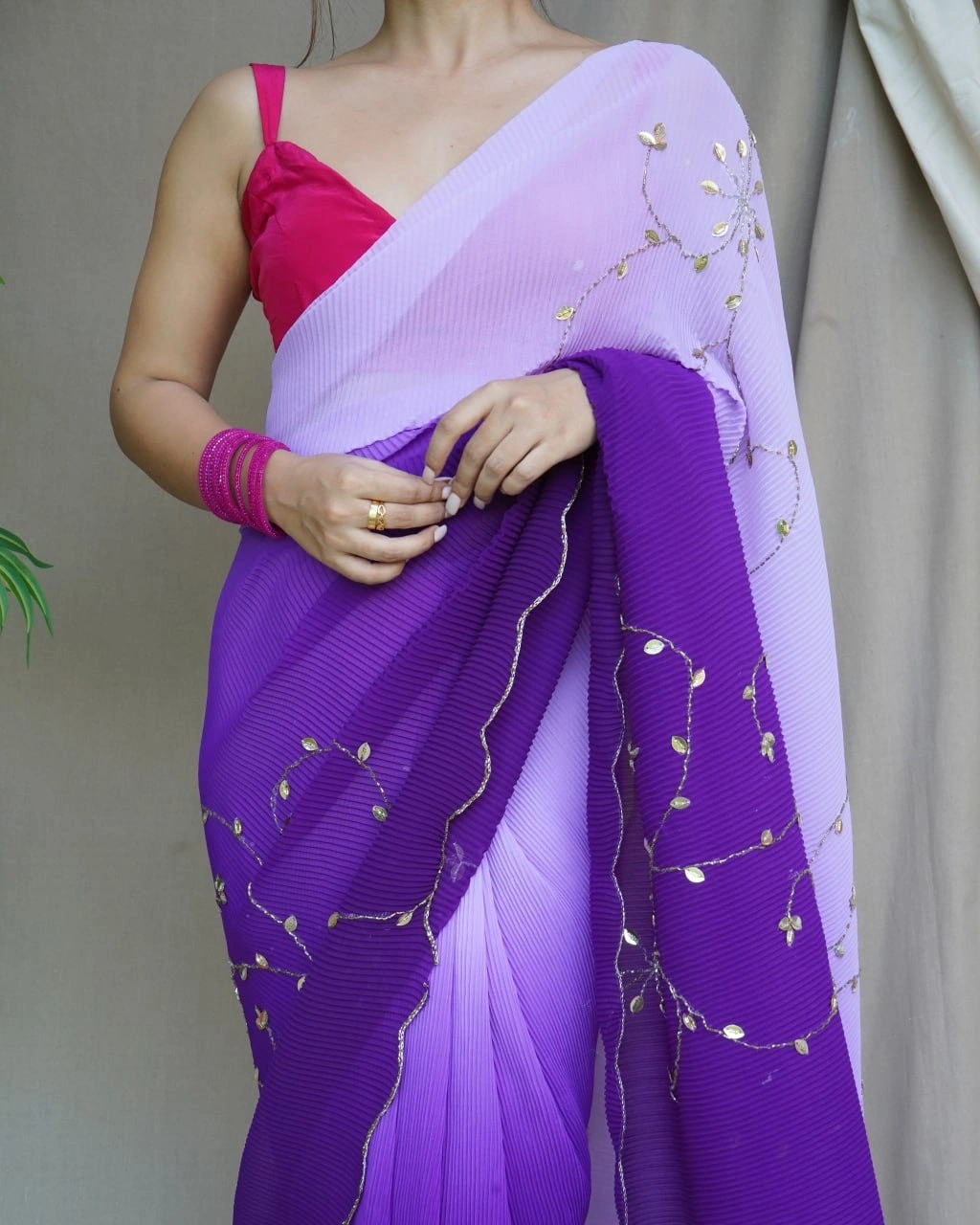 Georgette Crushed Handwork with Padding: Elegant and Luxurious-Purple-5