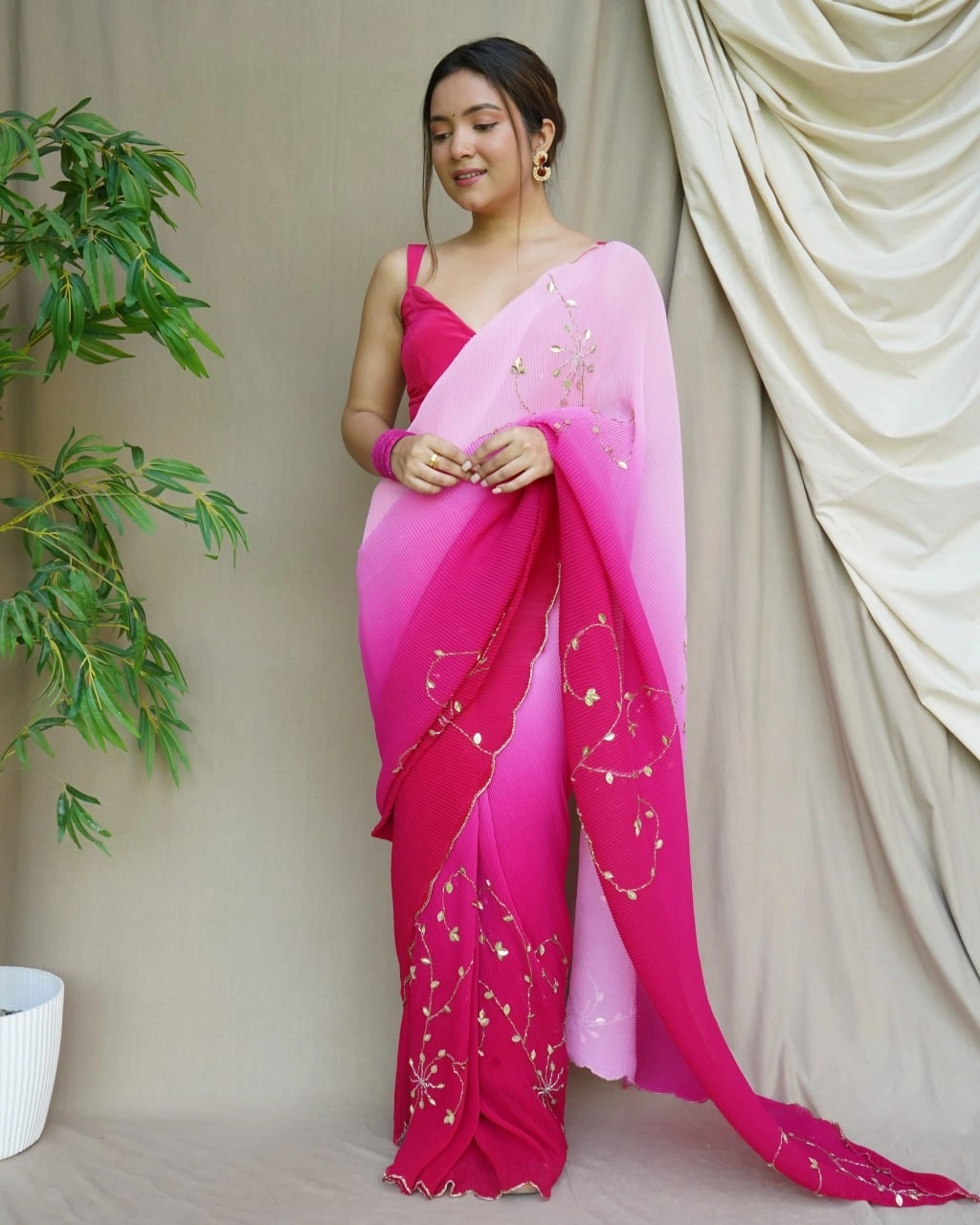 Georgette Crushed Handwork with Padding: Elegant and Luxurious-RVSGNUTAN-Pink