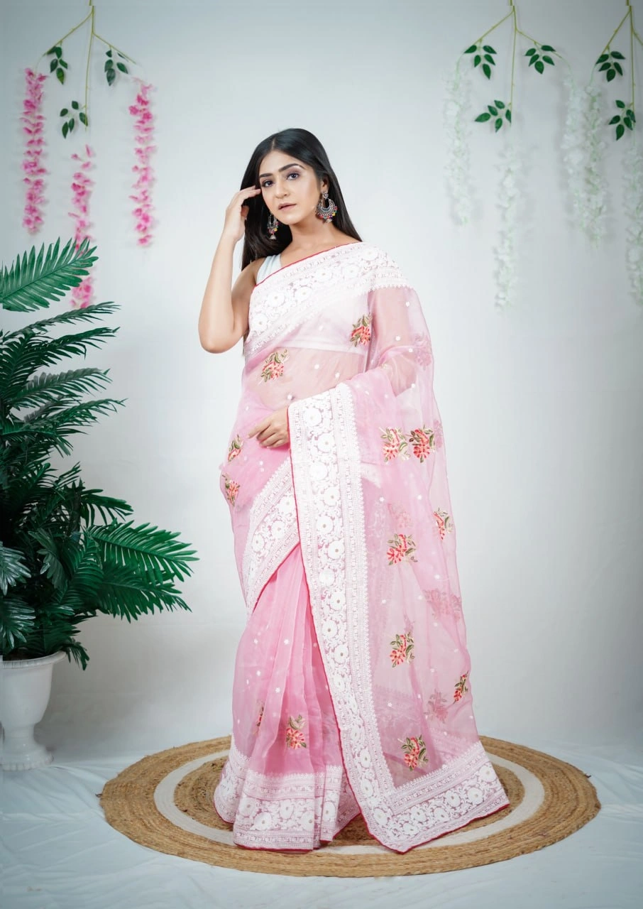 Organza Flower Embroidered Saree with Lace Border-RVSGPATRALEKHA-Pink