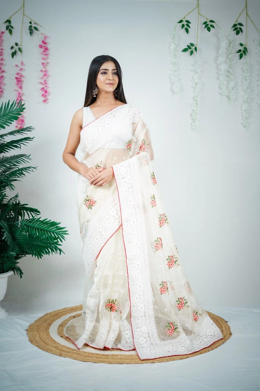 Organza Flower Embroidered Saree with Lace Border-RVSGPATRALEKHA-White