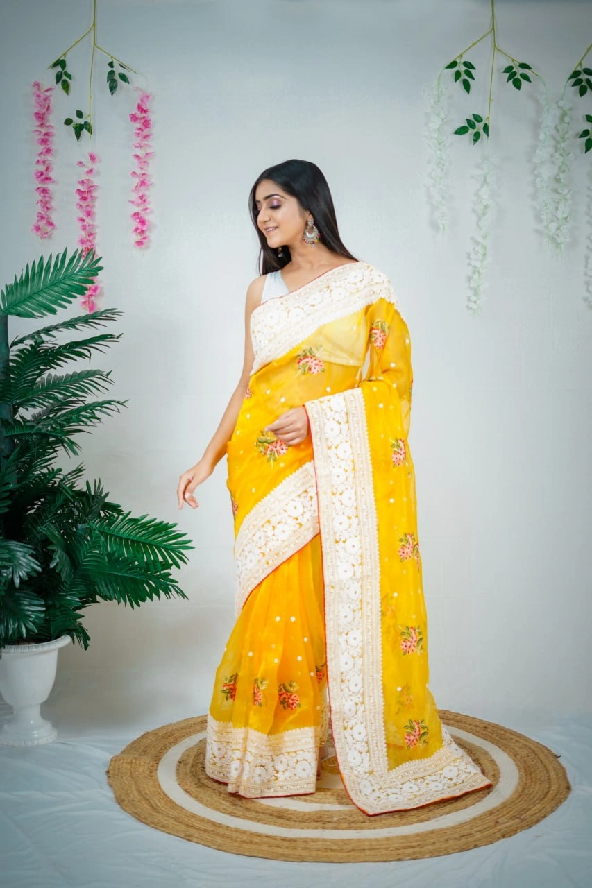 Organza Flower Embroidered Saree with Lace Border-RVSGPATRALEKHA-Yellow