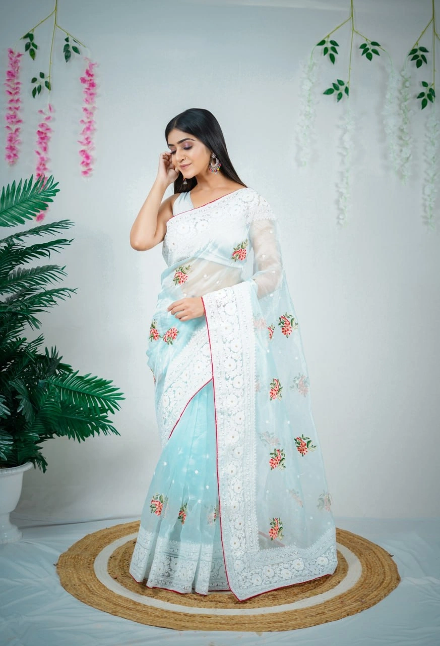 Organza Flower Embroidered Saree with Lace Border-RVSGPATRALEKHA-SkyBlue