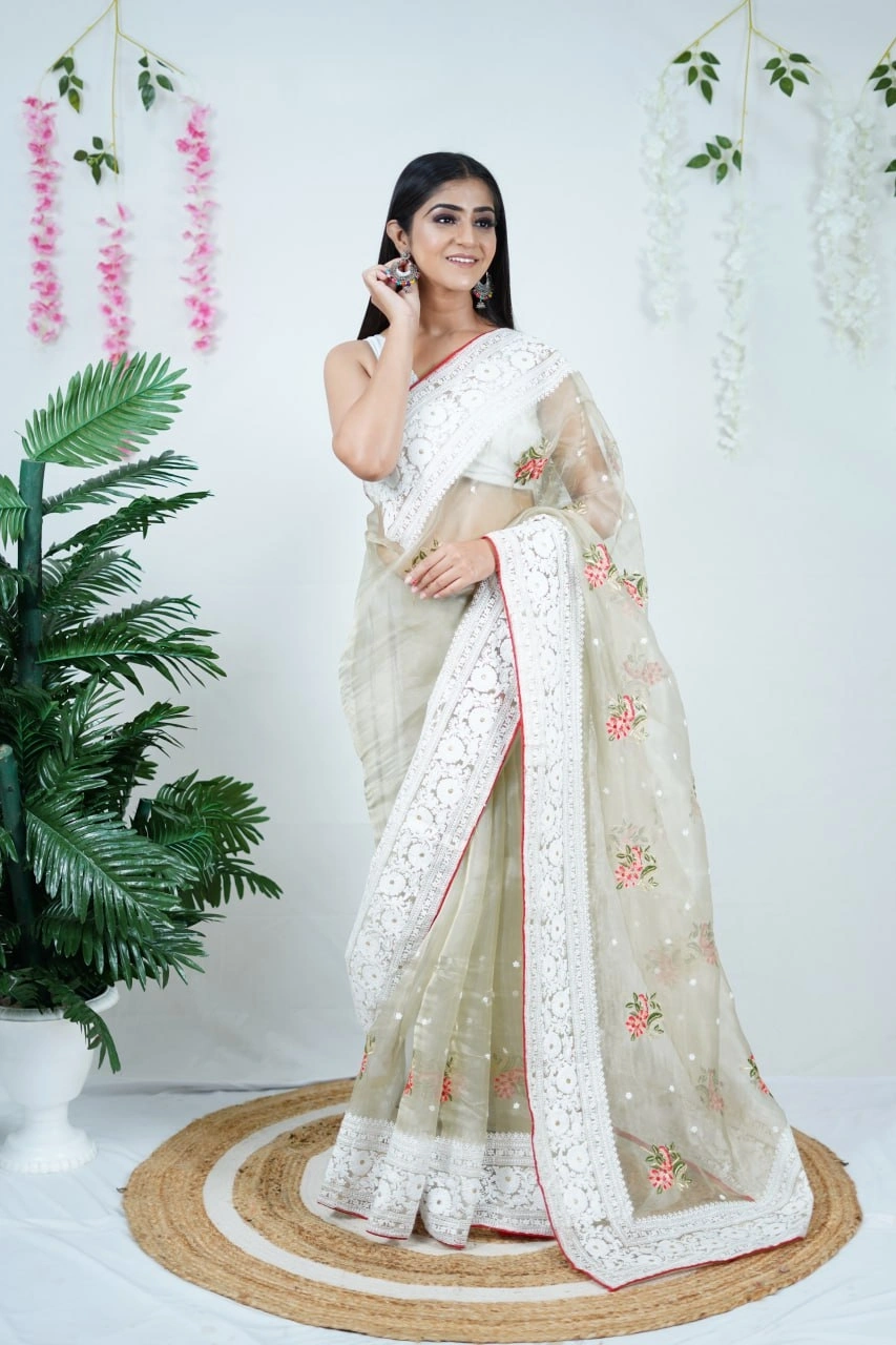 Organza Flower Embroidered Saree with Lace Border-RVSGPATRALEKHA-Green