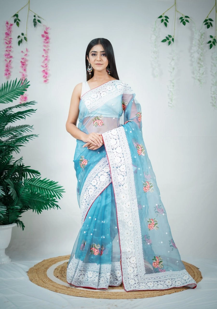 Organza Flower Embroidered Saree with Lace Border-RVSGPATRALEKHA-Rama