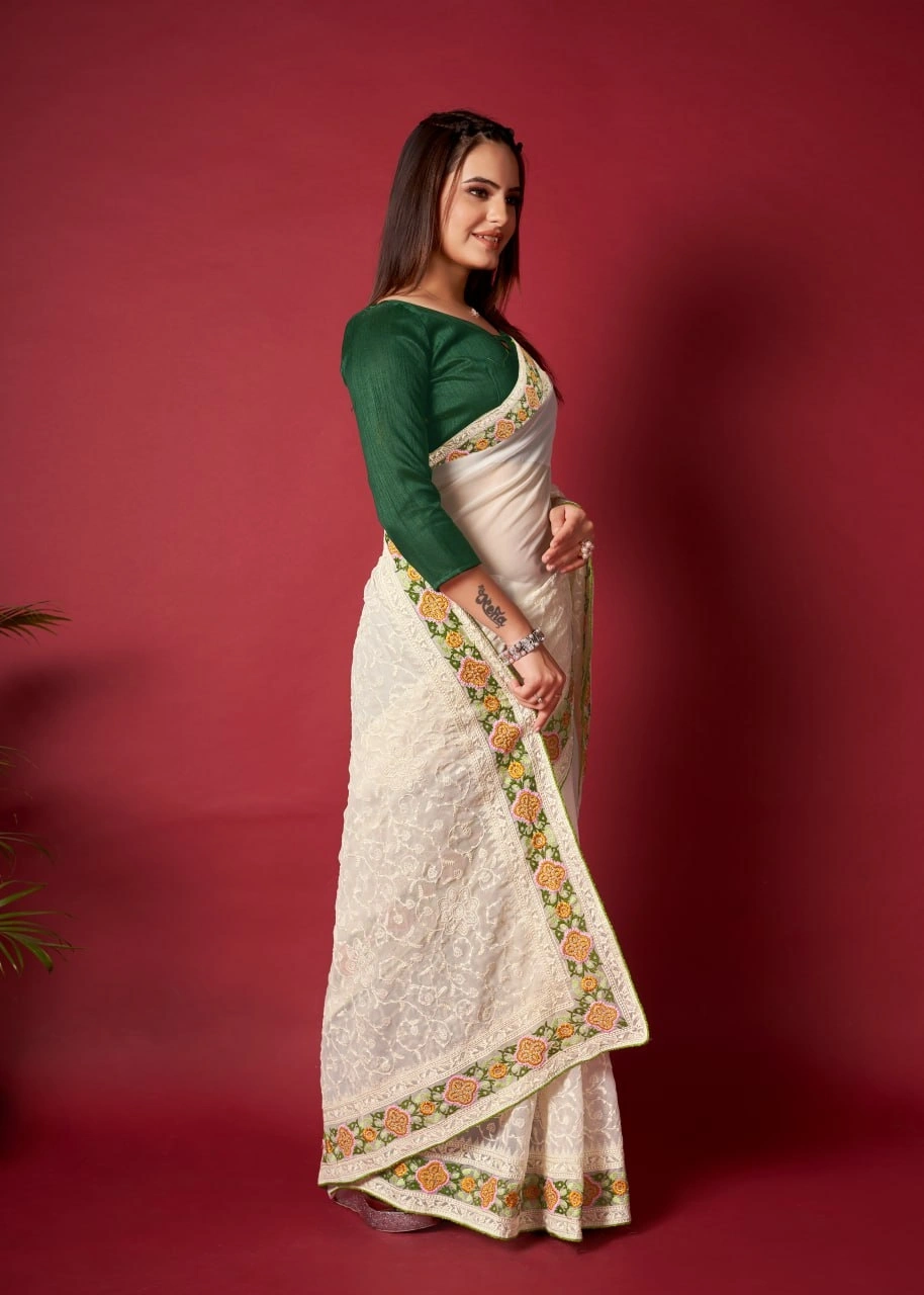 Georgette Embroidered Dress with Piping Detail-White-2