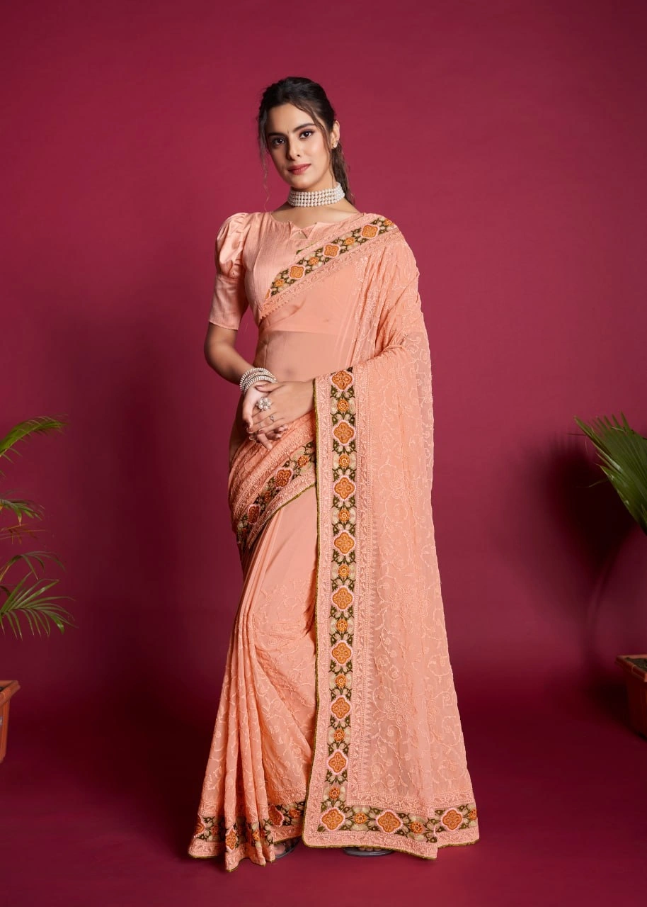 Georgette Embroidered Dress with Piping Detail-RVSGRASMALAI-Peach