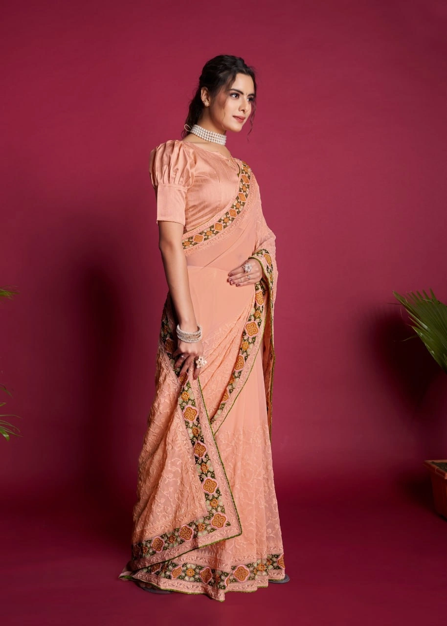 Georgette Embroidered Dress with Piping Detail-Peach-2