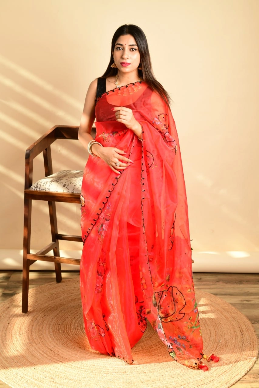 Digital Printed Organza Saree with Khatli Work-RVSGREDKHATLI-Red