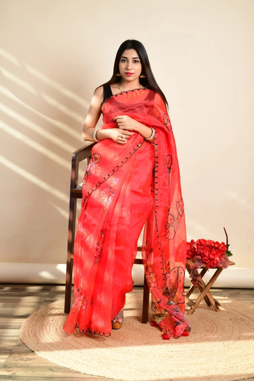 Digital Printed Organza Saree with Khatli Work-Red-2