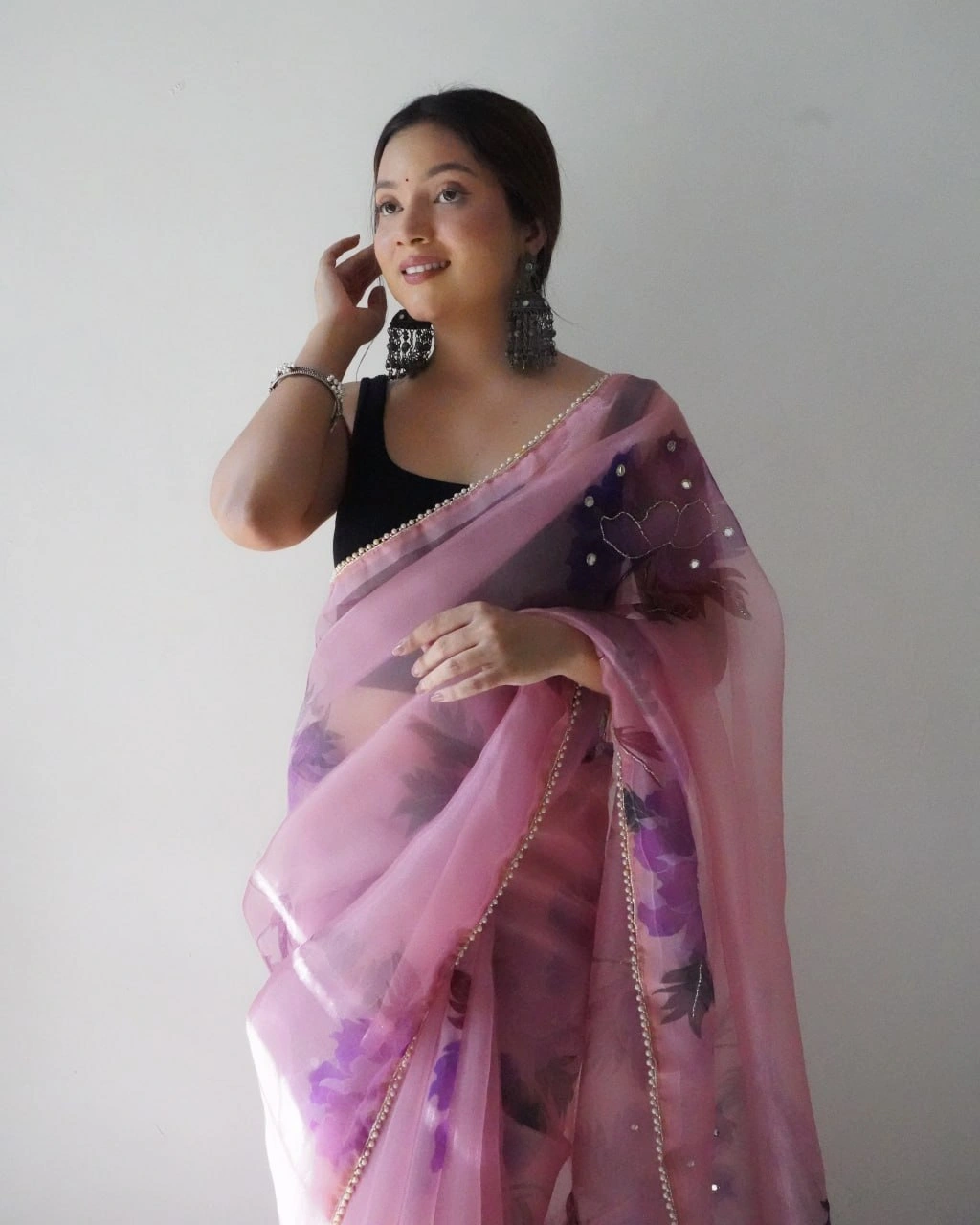 Digital Print Organza Saree with Handcrafted Beads and Lace Border-Pink-1