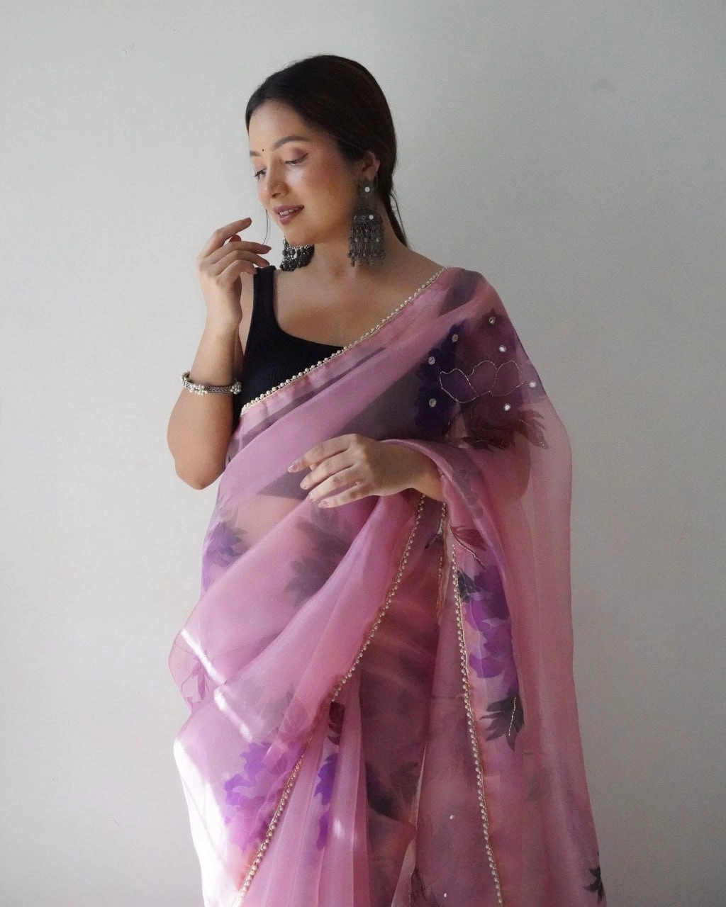 Digital Print Organza Saree with Handcrafted Beads and Lace Border-Pink-2