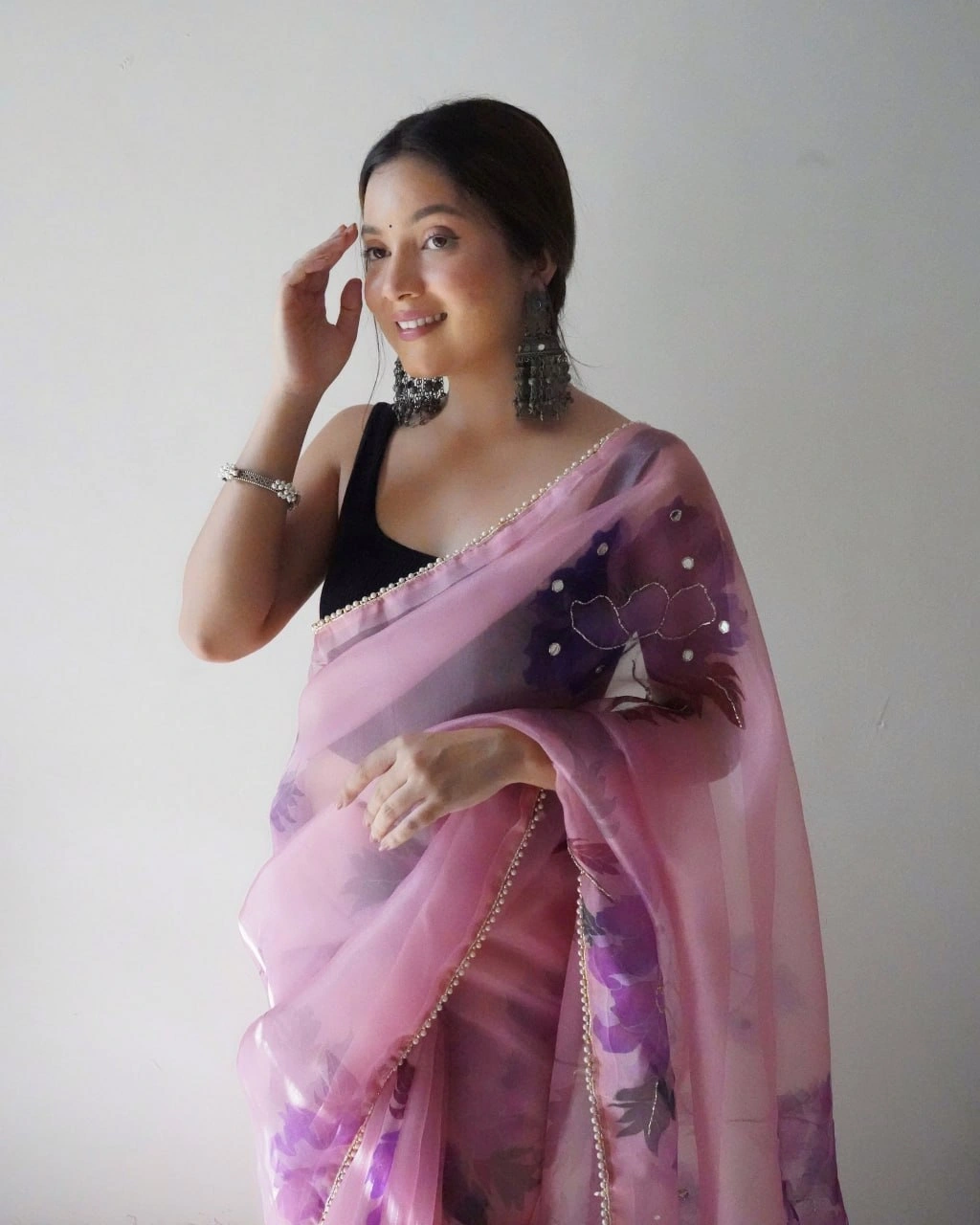 Digital Print Organza Saree with Handcrafted Beads and Lace Border-Pink-3