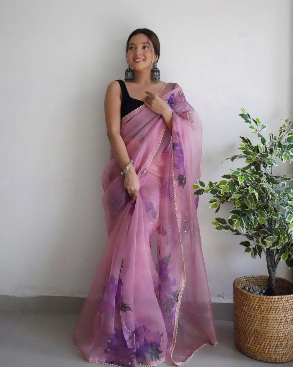 Digital Print Organza Saree with Handcrafted Beads and Lace Border-Pink-4