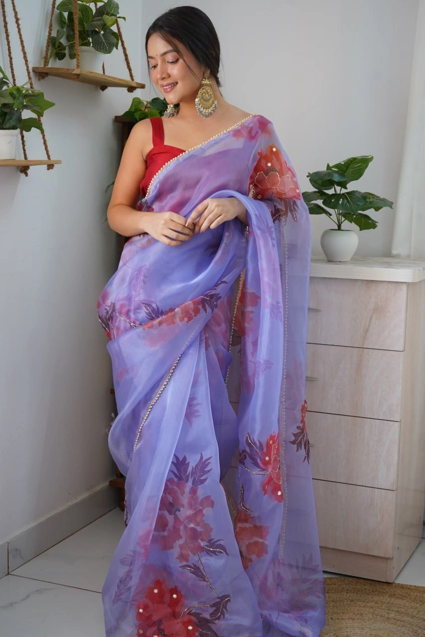 Digital Print Organza Saree with Handcrafted Beads and Lace Border-Blue-3