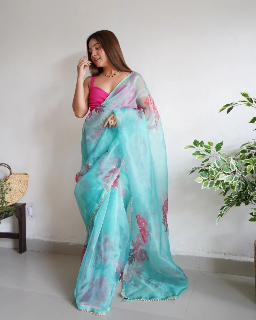 Digital Print Organza Saree with Handcrafted Beads and Lace Border-RVSGSABYASACHI-SkyBlue