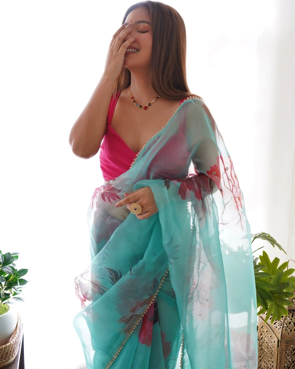 Digital Print Organza Saree with Handcrafted Beads and Lace Border-Sky Blue-1