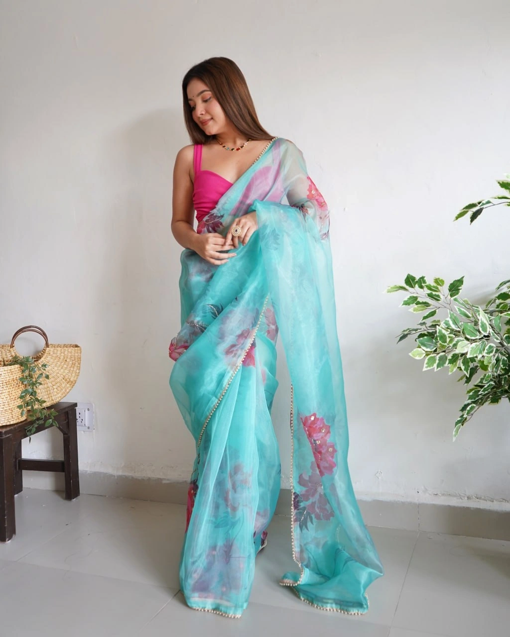 Digital Print Organza Saree with Handcrafted Beads and Lace Border-Sky Blue-2