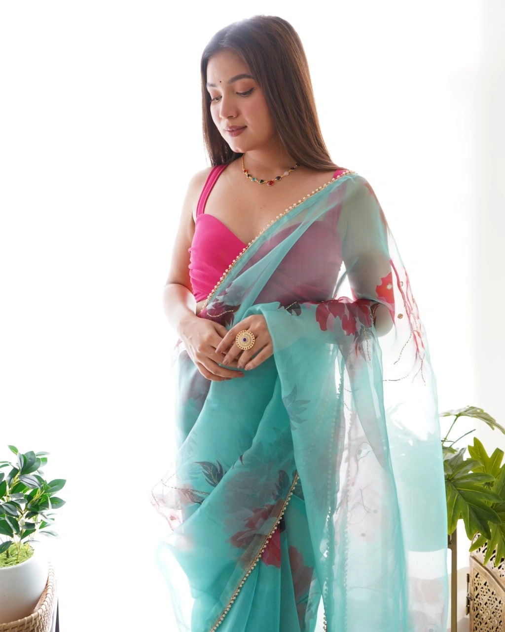 Digital Print Organza Saree with Handcrafted Beads and Lace Border-Sky Blue-3