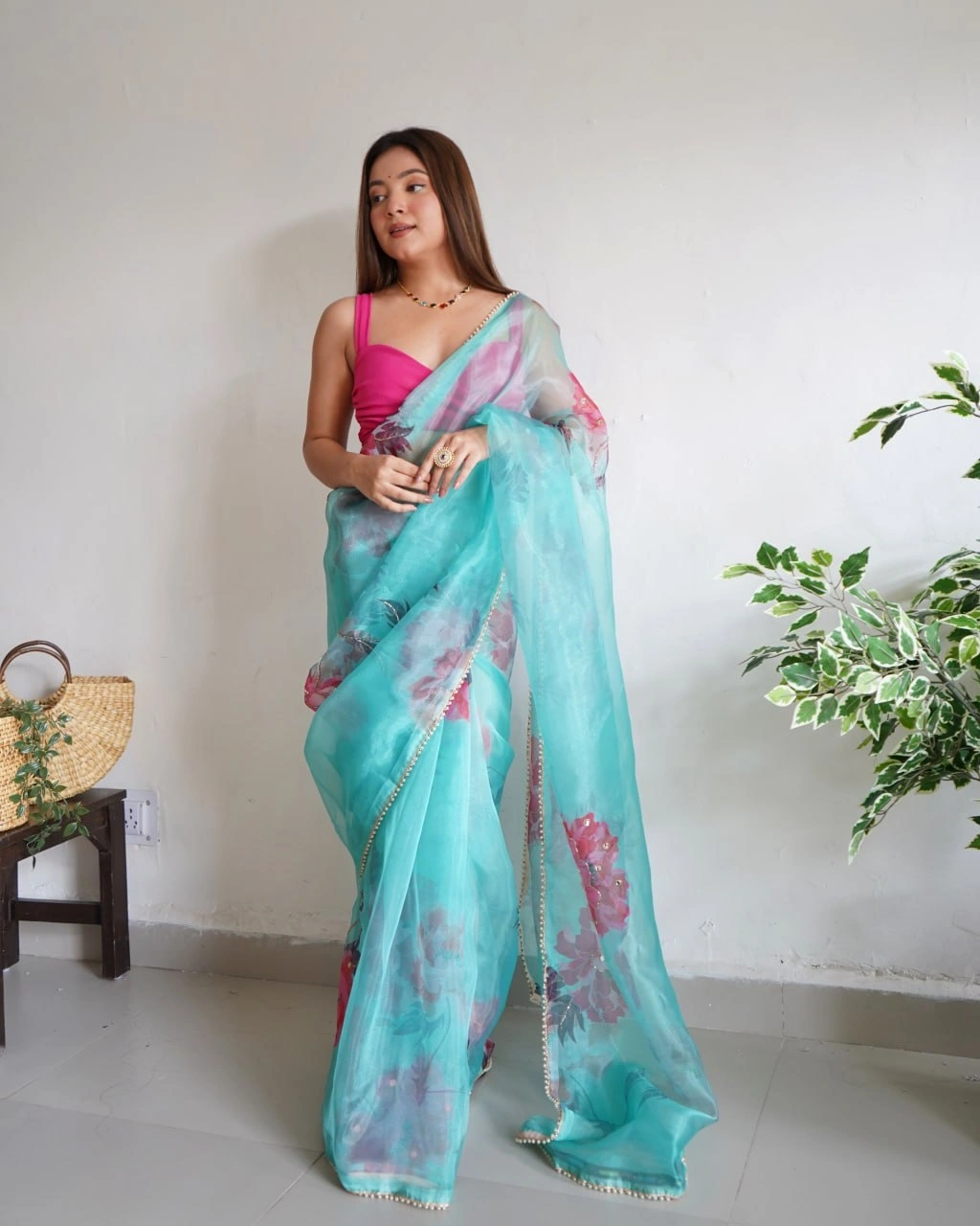 Digital Print Organza Saree with Handcrafted Beads and Lace Border-Sky Blue-4