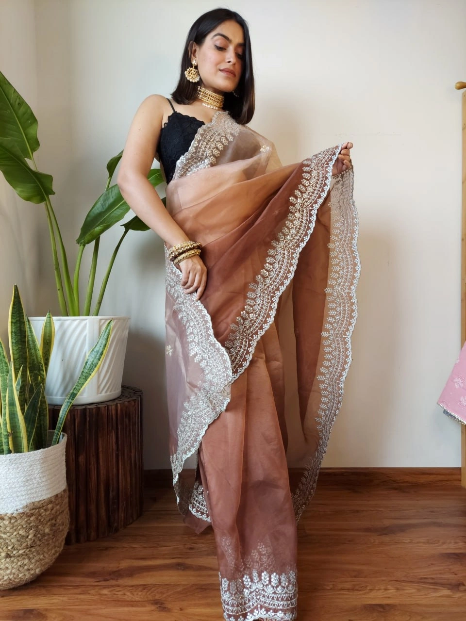 Pristine Organza Sarees with Handcrafted Details-Peach-1