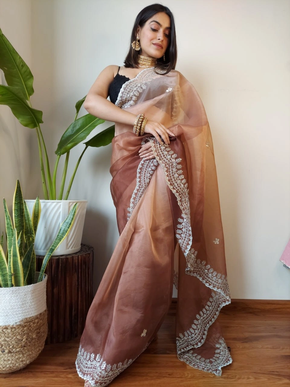 Pristine Organza Sarees with Handcrafted Details-Peach-2