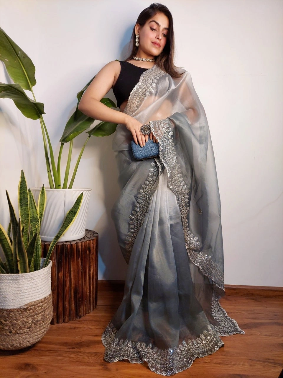 Pristine Organza Sarees with Handcrafted Details-RVSGSANSKRUTI-Grey