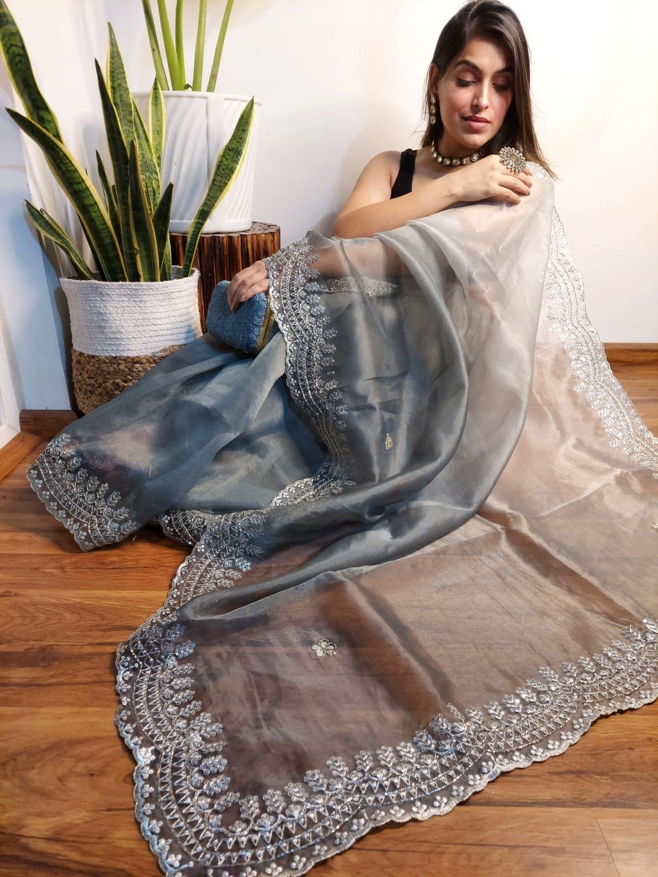 Pristine Organza Sarees with Handcrafted Details-Grey-1