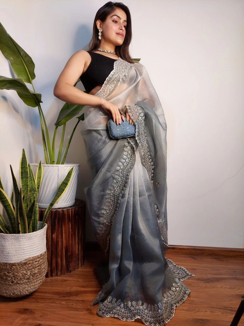 Pristine Organza Sarees with Handcrafted Details-Grey-2