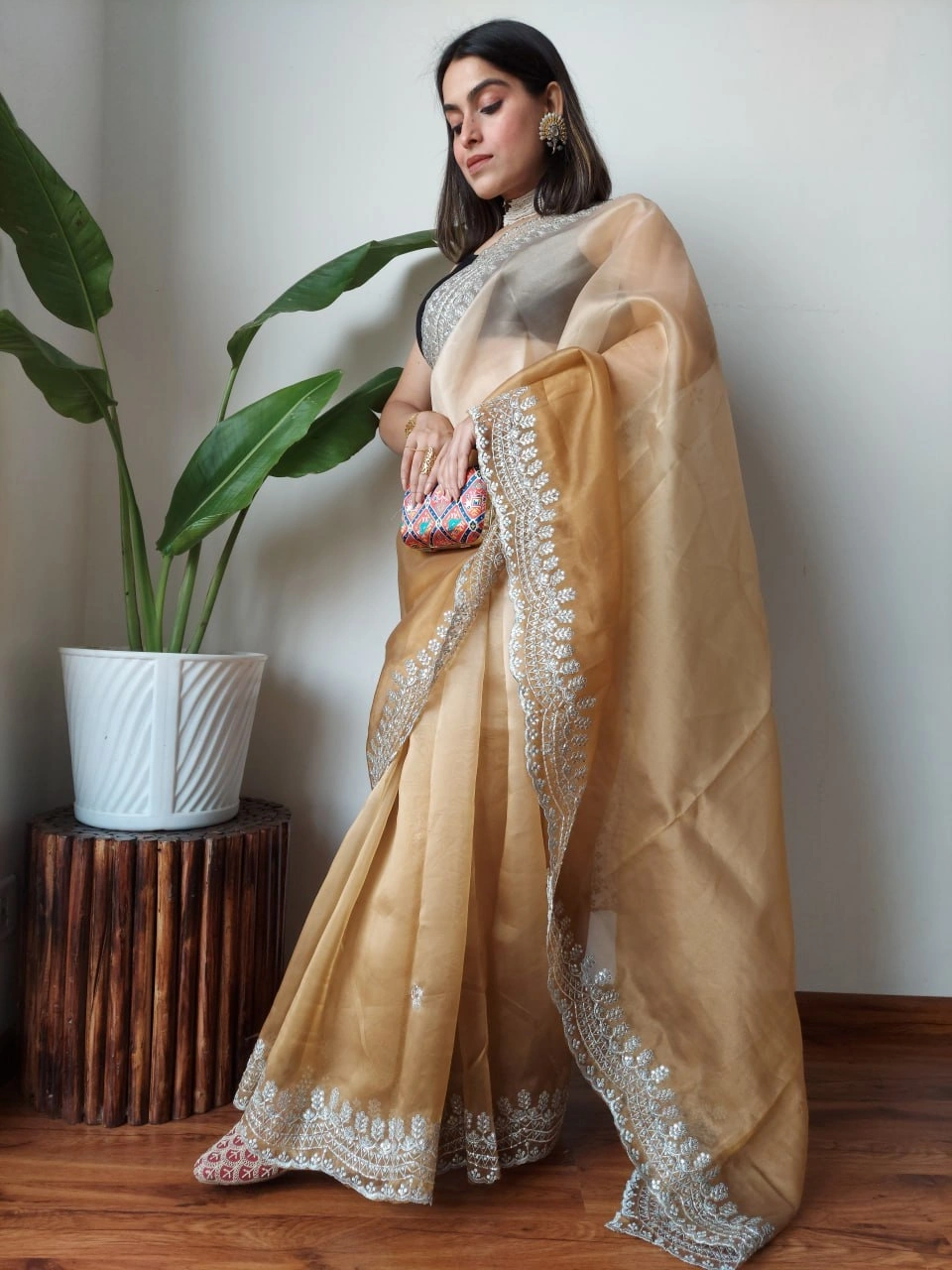 Pristine Organza Sarees with Handcrafted Details-RVSGSANSKRUTI-Brown