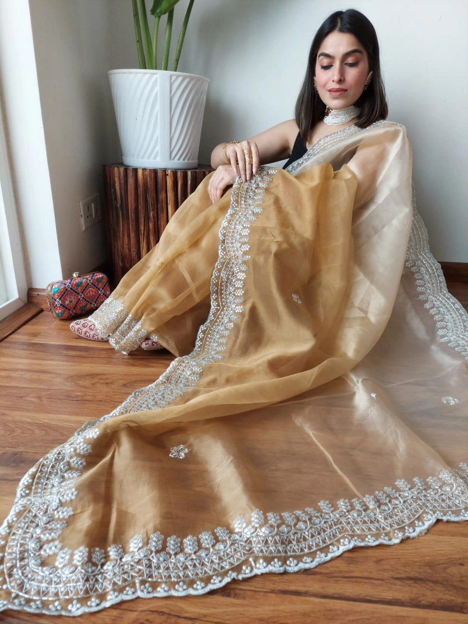 Pristine Organza Sarees with Handcrafted Details-Brown-1