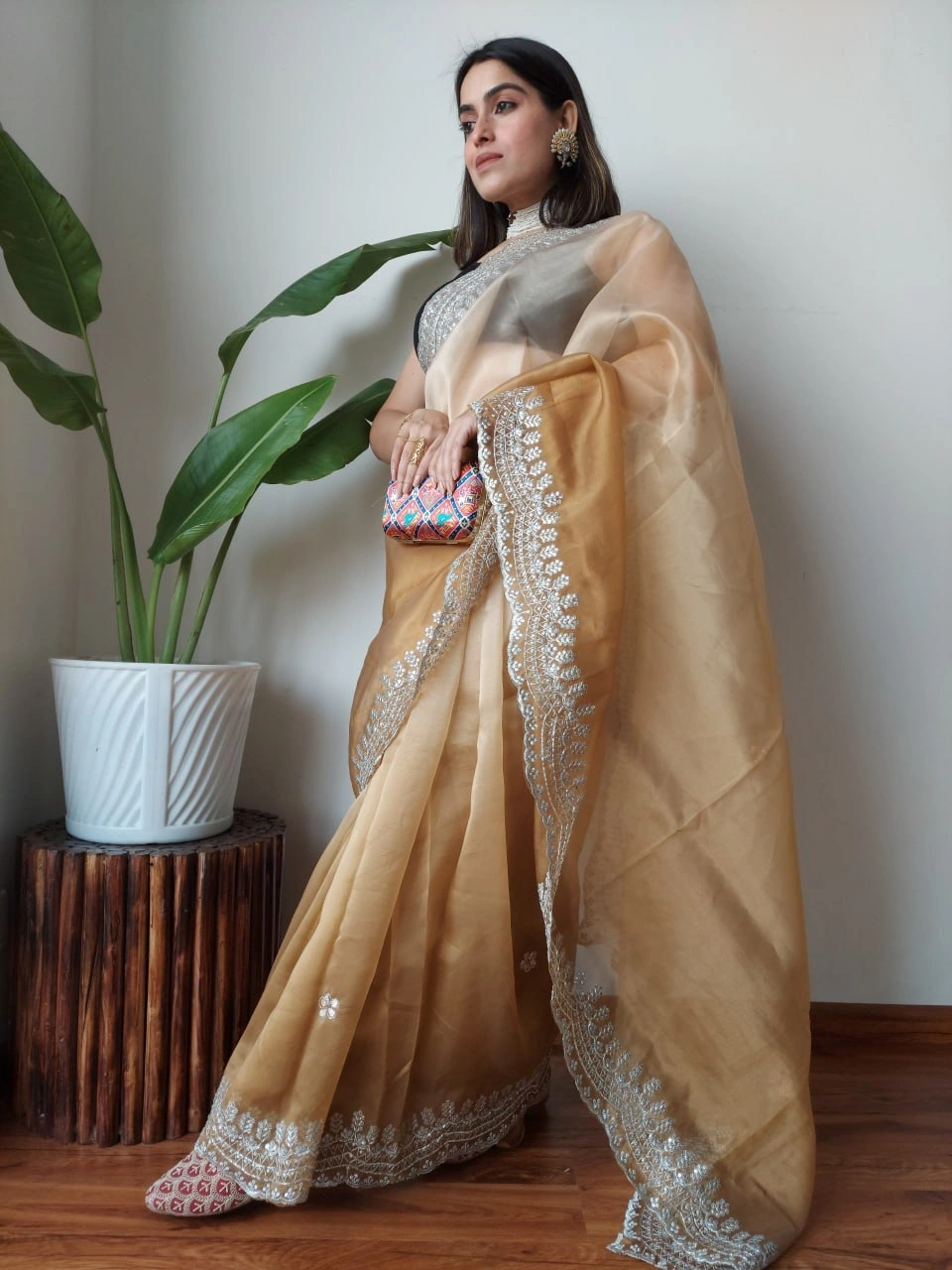 Pristine Organza Sarees with Handcrafted Details-Brown-2