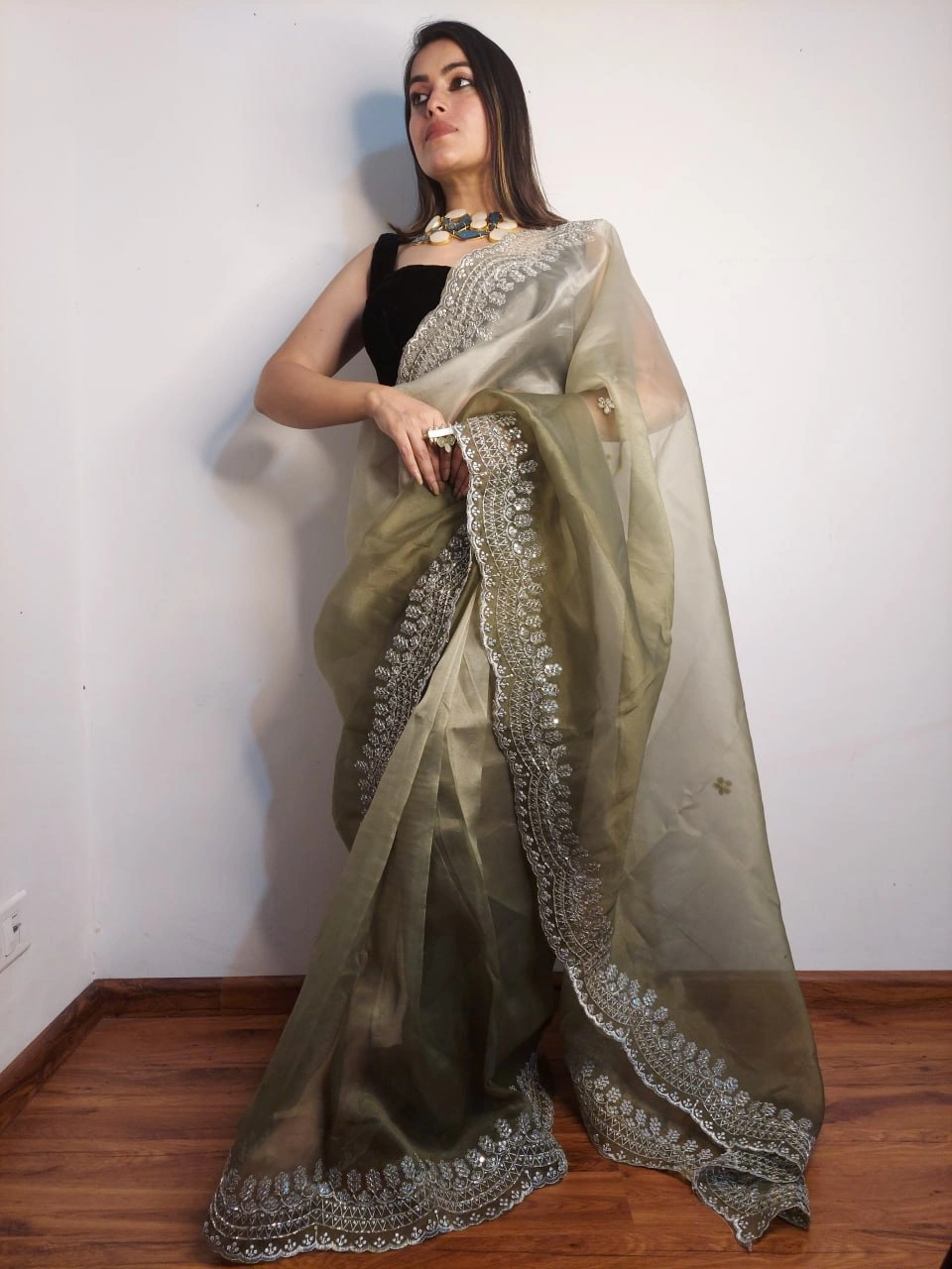 Pristine Organza Sarees with Handcrafted Details-RVSGSANSKRUTI-Green